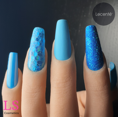 Lecenté Breakfast Club, Layer It!, Pastel Nail Shadow Blue, Ocrean Iridescent, Chunky Glitter