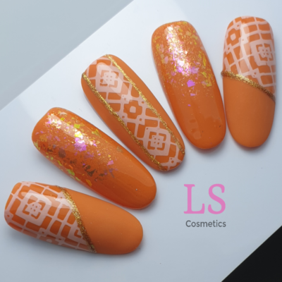 SO GUILTY Gelpolish 061 Dolly, 6AB Glass Glitter Salmon, One Stroke Gel 001 Goldfish, YOURS YLN01 Trendy Netting, Nude Nature